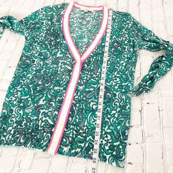 LOFT Green Pink Paisley Ramie V Neck Button Front Sheer Long Sleeve Cardigan M - Picture 9 of 12